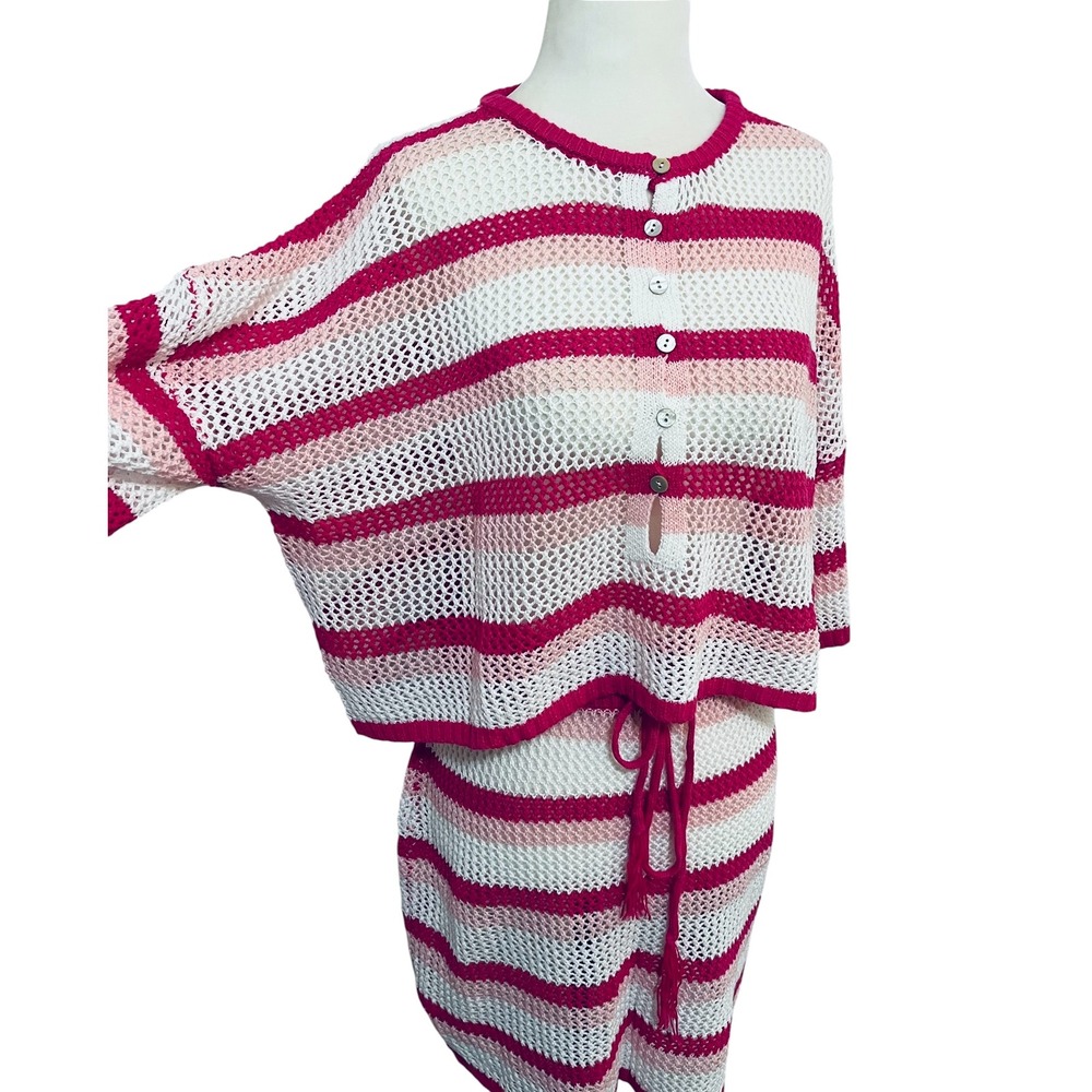 NEW Large Crochet‎ Knit Swim Cover Set Striped Cardigan & Mini Skirt Pink White - Picture 3 of 9